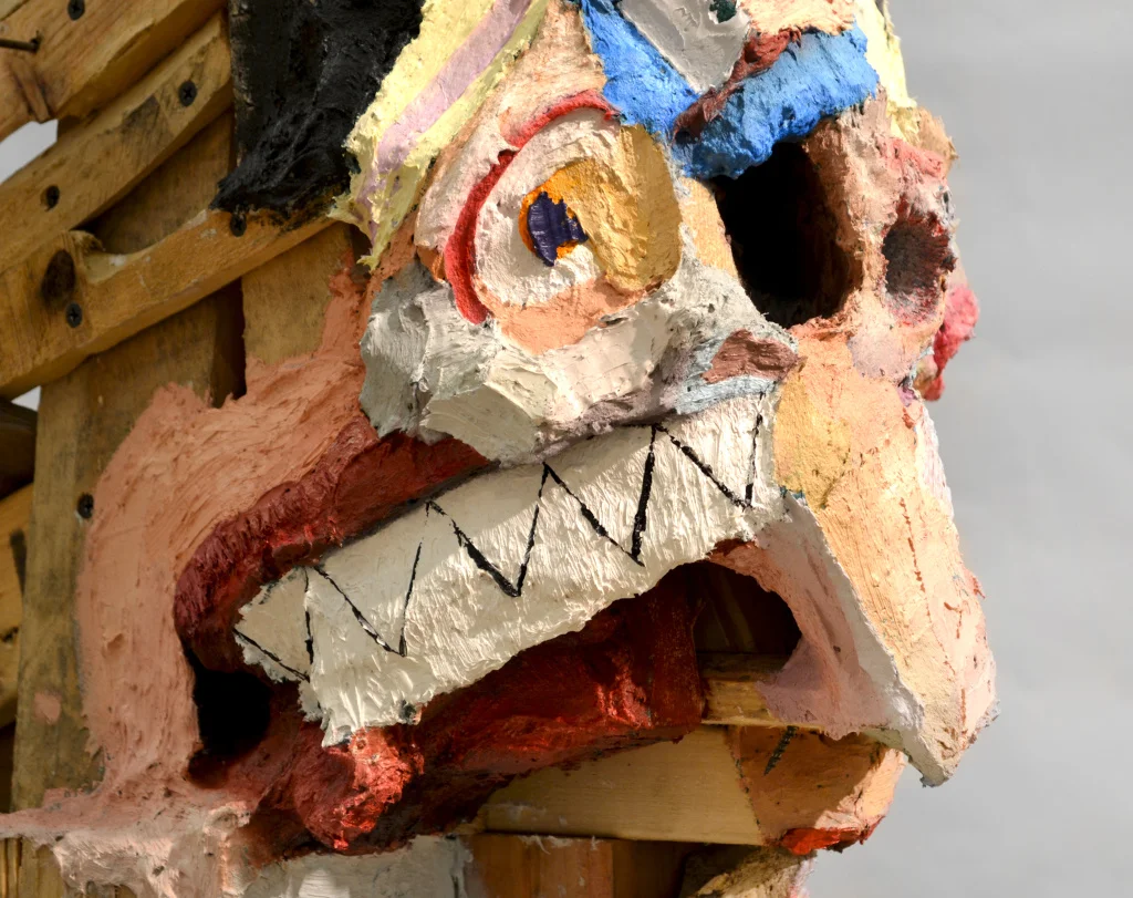 Hero , 86 x 32 x 37", reclaimed wood, hardware, polymer gypsum, animal bones, pencil, acrylic, oil, 2013