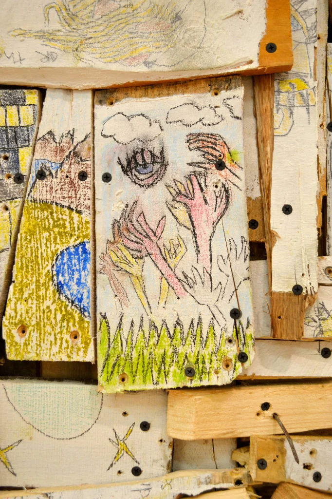 Hero , 86 x 32 x 37", reclaimed wood, hardware, polymer gypsum, animal bones, pencil, acrylic, oil, 2013