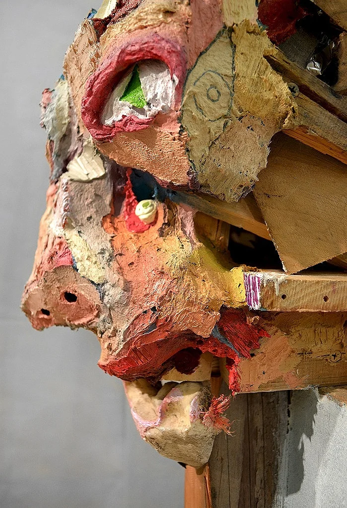 Hero , 86 x 32 x 37", reclaimed wood, hardware, polymer gypsum, animal bones, pencil, acrylic, oil, 2013