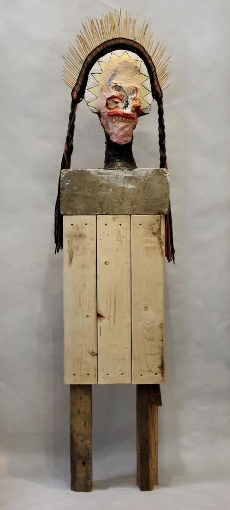 Studio Chief , 80 x 17.5 x 8", reclaimed wood, concrete, hardware, polymer gypsum, yarn, acrylic, oil, 2013