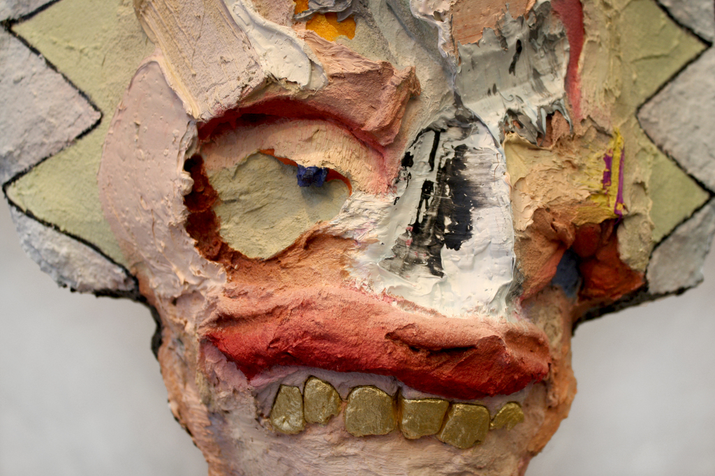 Studio Chief , 80 x 17.5 x 8", reclaimed wood, concrete, hardware, polymer gypsum, yarn, acrylic, oil, 2013