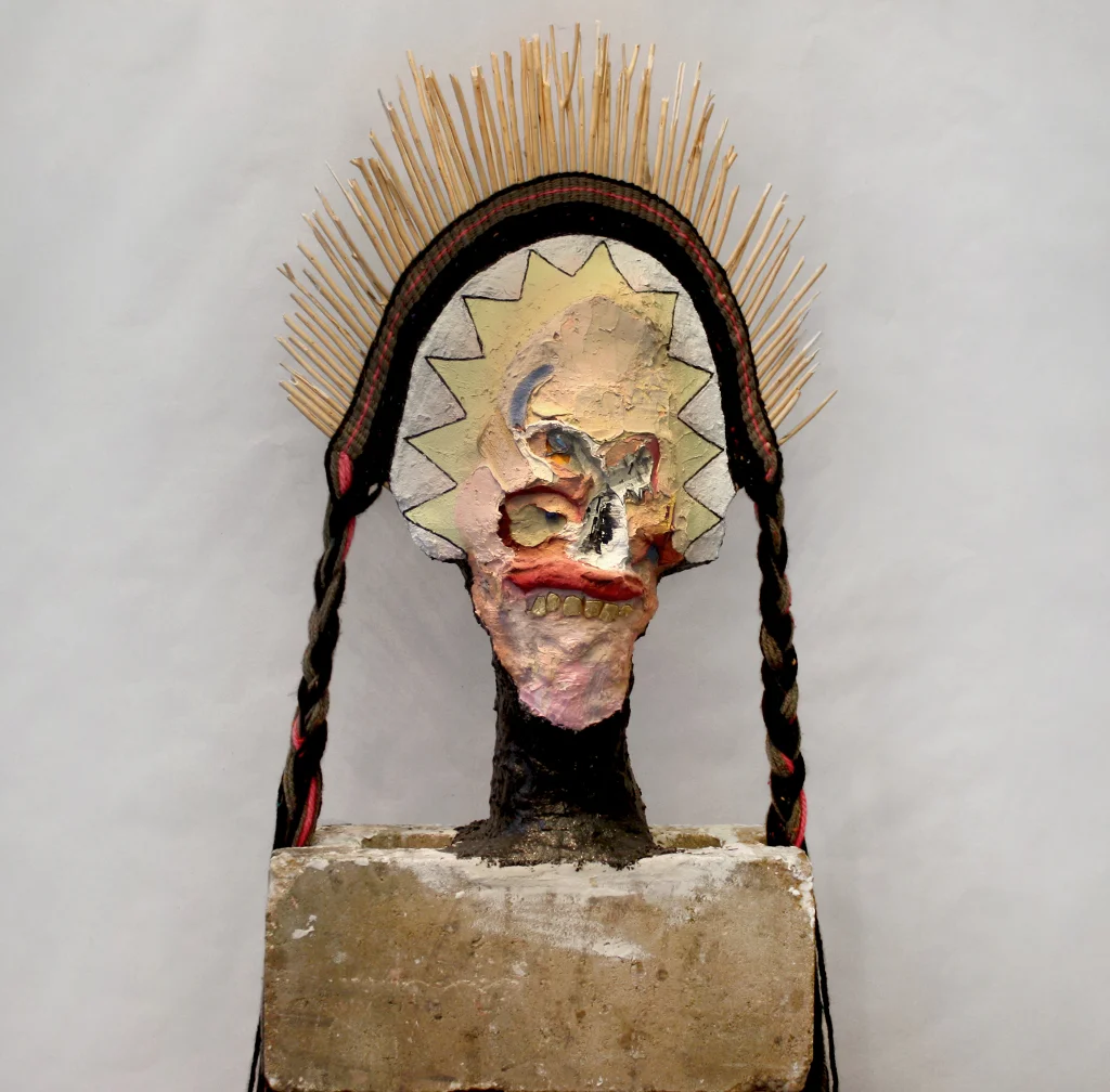 Studio Chief , 80 x 17.5 x 8", reclaimed wood, concrete, hardware, polymer gypsum, yarn, acrylic, oil, 2013