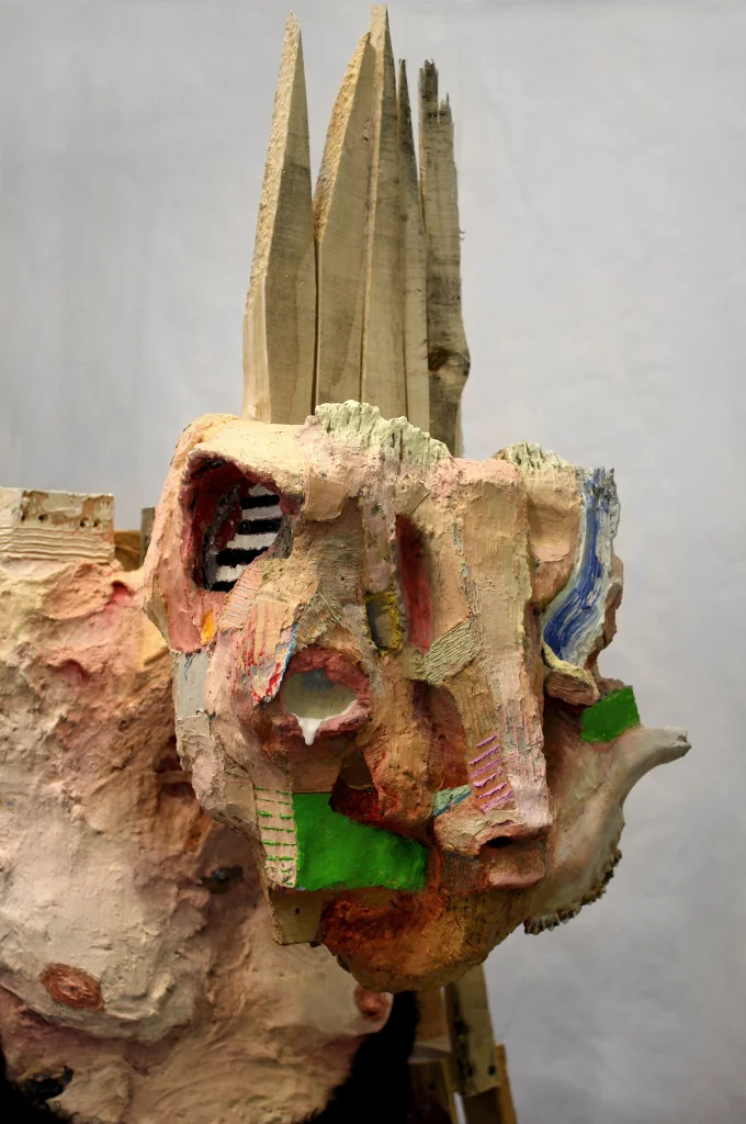 Wanderer , 84 x 29 x 32”, reclaimed wood, hardware, polymer gypsum, found objects, animal bones, animal hide, acrylic, oil, 2013