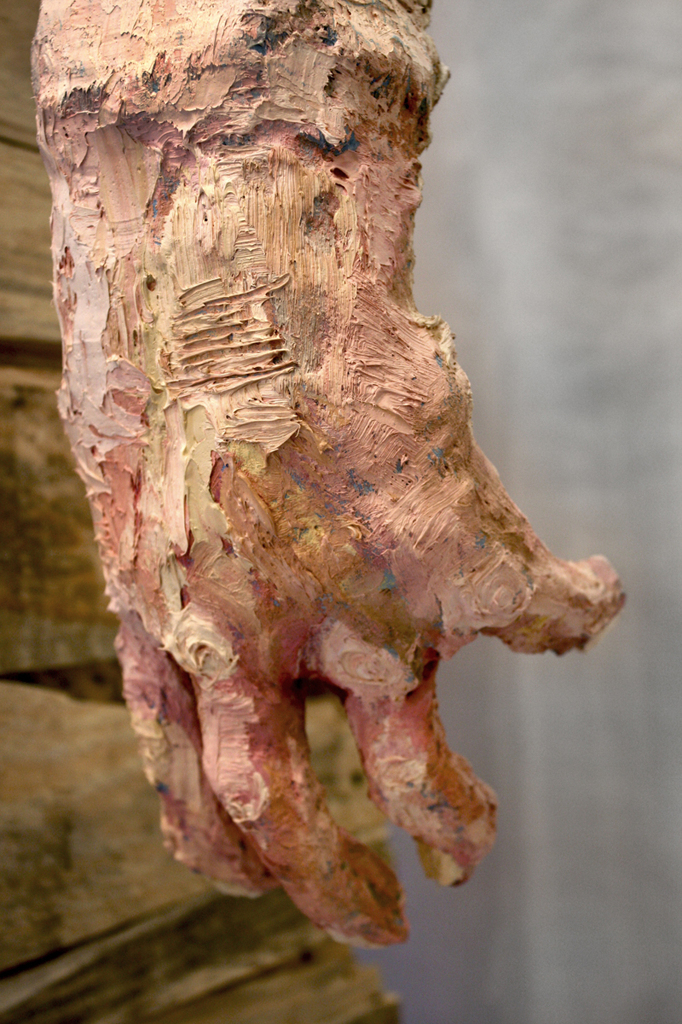 Wanderer , 84 x 29 x 32”, reclaimed wood, hardware, polymer gypsum, found objects, animal bones, animal hide, acrylic, oil, 2013