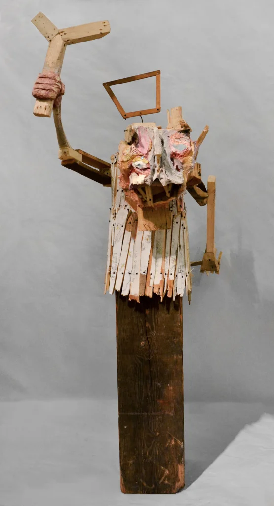 Preacher Man , 86 x 34 x53", reclaimed wood, hardware, polymer gypsum, animal bones, pencil, acrylic, oil, 2013