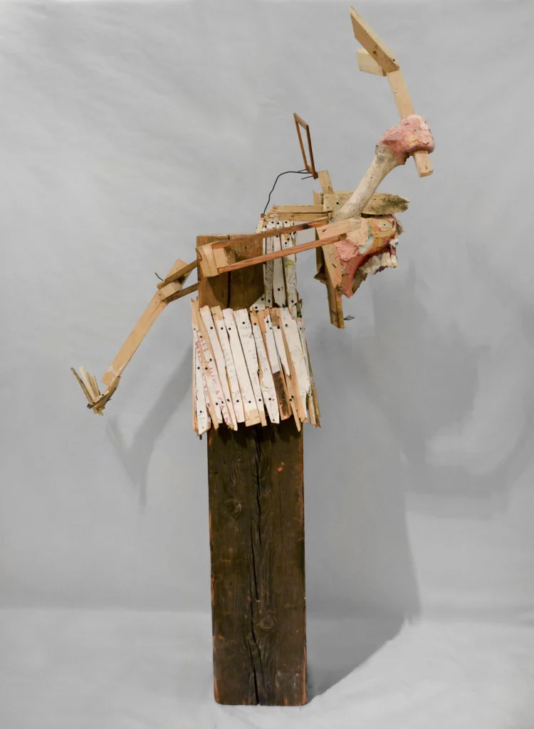 Preacher Man , 86 x 34 x53", reclaimed wood, hardware, polymer gypsum, animal bones, pencil, acrylic, oil, 2013