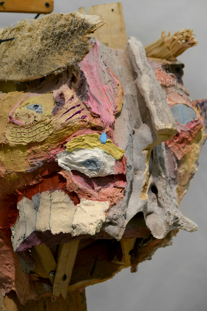 Preacher Man , 86 x 34 x53", reclaimed wood, hardware, polymer gypsum, animal bones, pencil, acrylic, oil, 2013