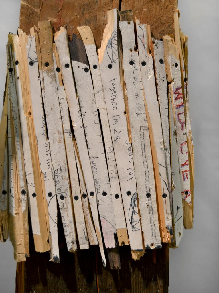 Preacher Man , 86 x 34 x53", reclaimed wood, hardware, polymer gypsum, animal bones, pencil, acrylic, oil, 2013