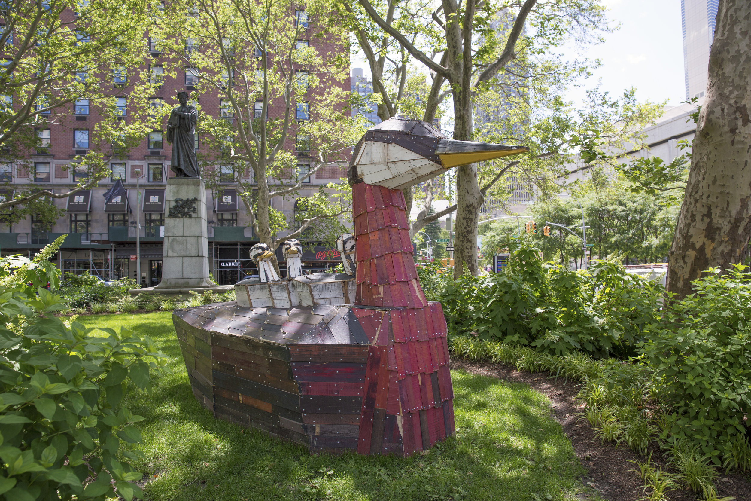   Red-Necked Grebe  at 64th Street, 9 x 6 x 14.5 feet, reclaimed wood, hardware, paint, 2018-19 