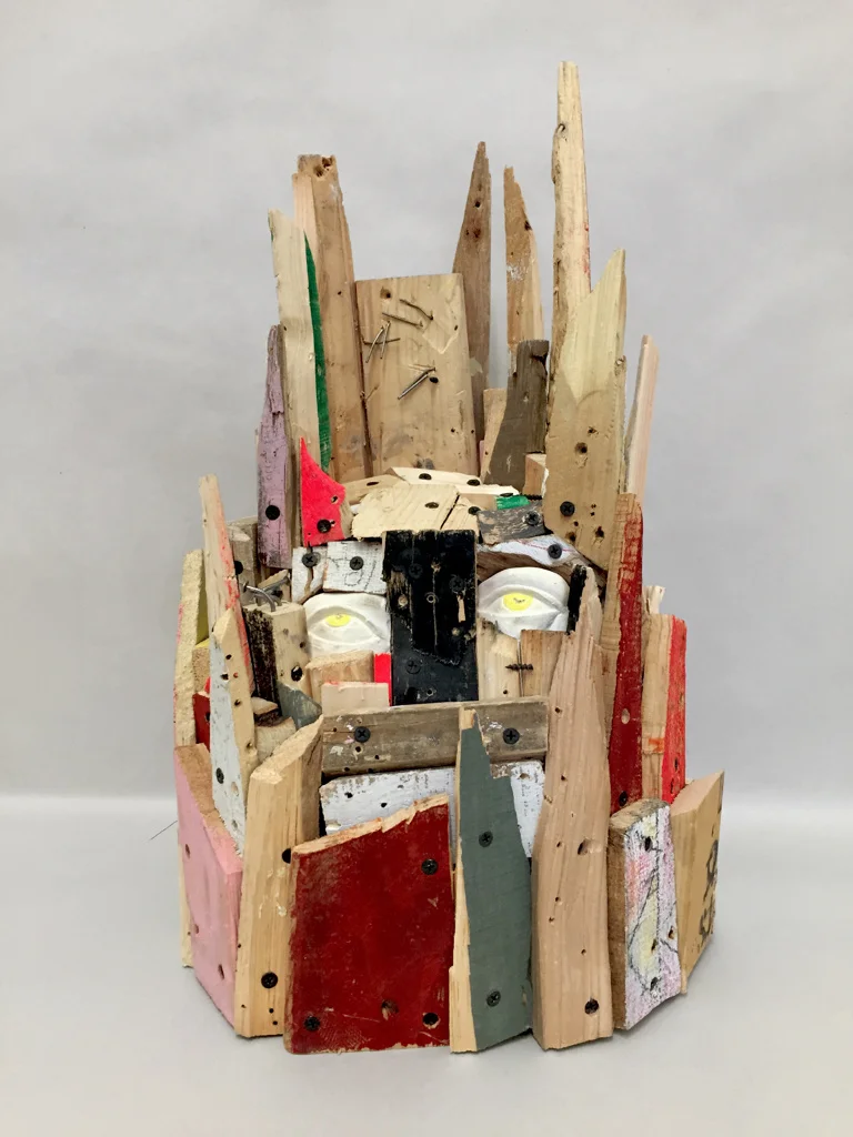 Babel Head , 21 x 13.5 x 11", reclaimed wood, plaster, hardware, paint, 2015