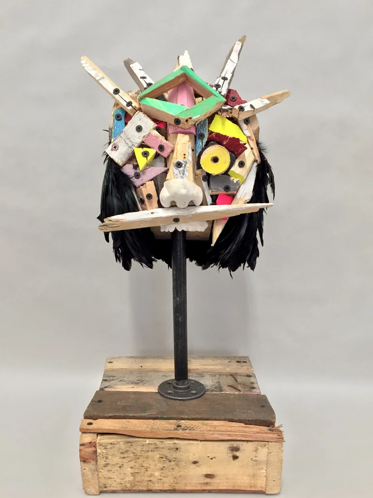 Reconstruction I,  26.5 x 8.5 x 11.5”, reclaimed wood, plaster, hardware, feathers, paint, 2015