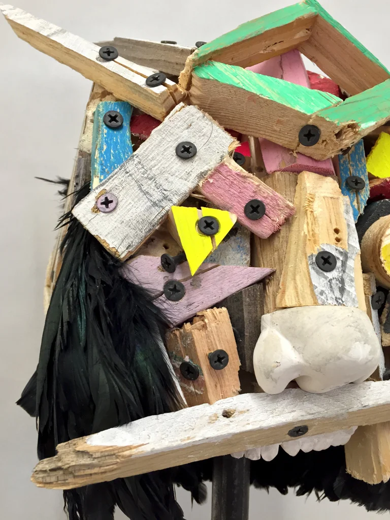 Reconstruction I,  26.5 x 8.5 x 11.5”, reclaimed wood, plaster, hardware, feathers, paint, 2015