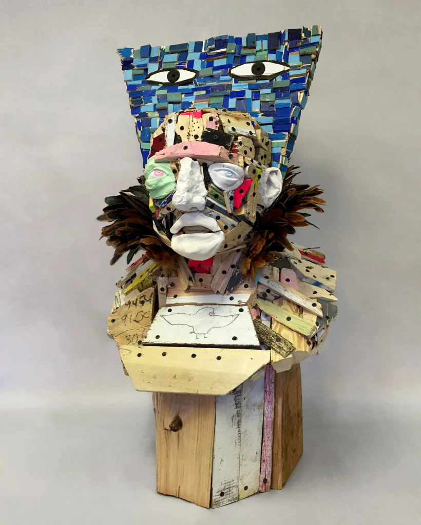 Empire , 36 x 19 x 19", reclaimed wood, plaster, hardware, feathers, paint, 2015