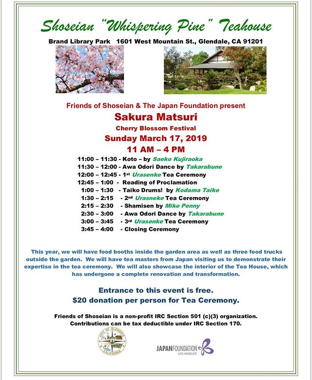Tomorrow Sunday 3/17/2019!!! Walk the garden, see the expertise craftsmanship throughout the teahouse with 3 public tea ceremonies, dancing, drums, food trucks, music, and all.

Thanks to the Japan Fountain and FOS. 
Help renovate the teahouse at: ww