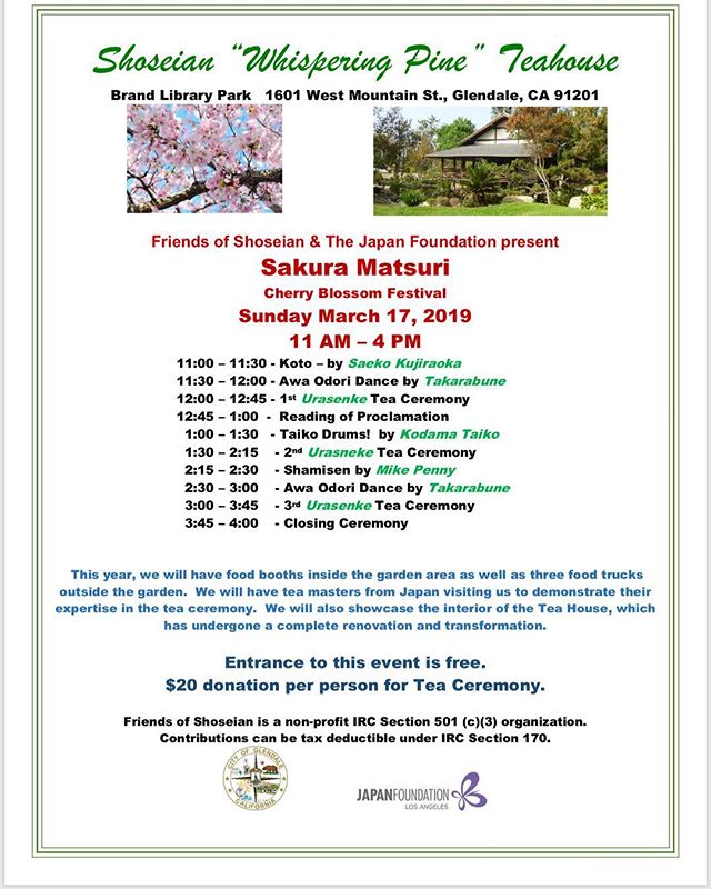 Sunday Sunday Sunday!!! Walk the garden, see the expertise craftsmanship throughout the teahouse with 3 public tea ceremonies, dancing, drums, food trucks, music, and all.

Thanks to the Japan Fountain and FOS. 
Help renovate the teahouse at: www.gof