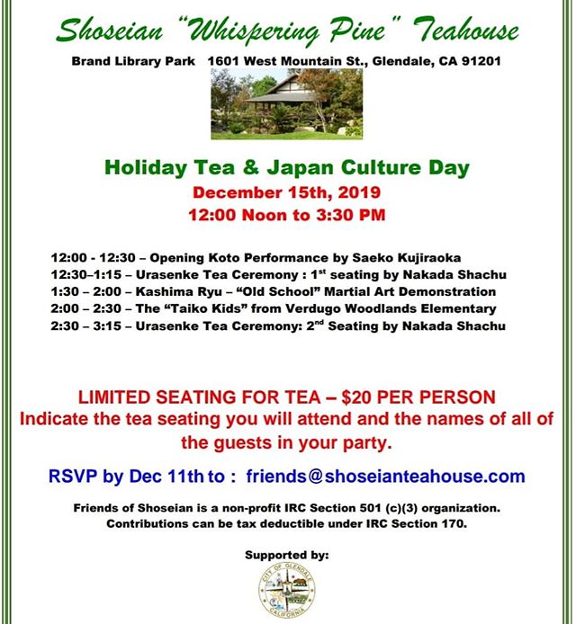 It's that time of year again! Shoseian Teahouse is putting together their Holiday Tea &amp; Japan Culture Day. Come join and support the arts. 
#koto #tea #teahouse #martialarts #entertainment #taiko #japan #culture #unitedstates #california #glendal