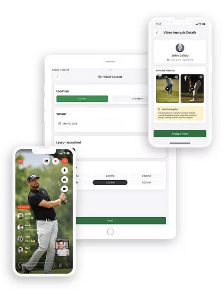 A collage of three mobile screens showcases a video conferencing and scheduling app used for golf lessons. The screens display a schedule lesson interface, video analysis details with a golfer named John Ballou, and a live golf video with a player in mid-swing.