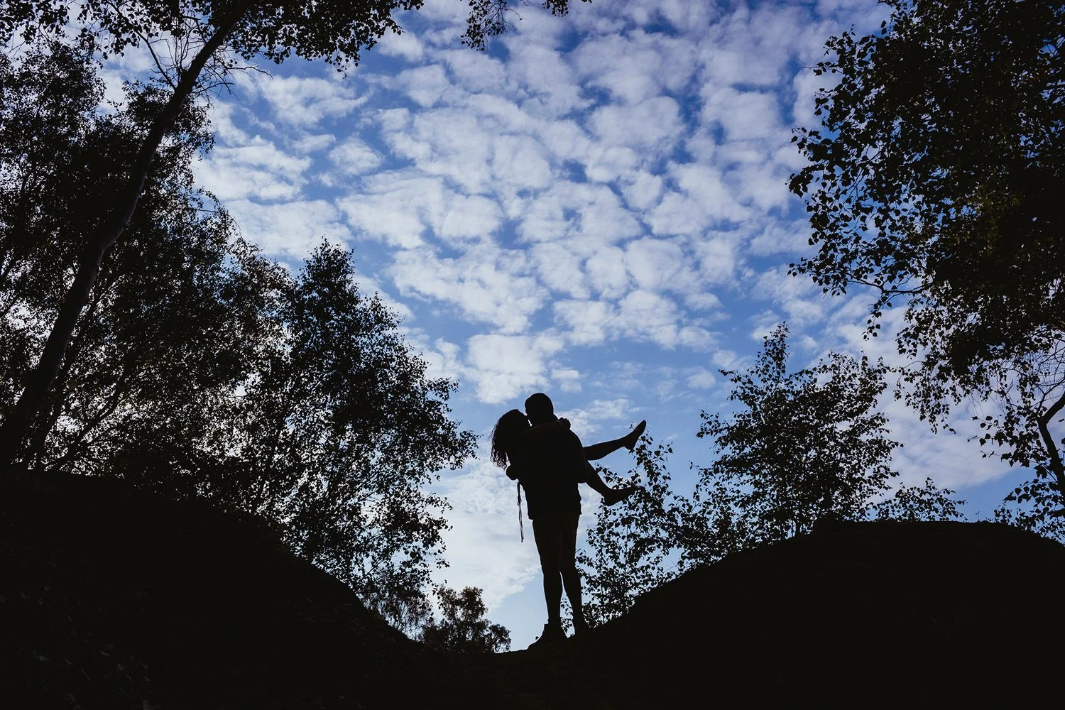 Silhouette of a couple, with the man carrying the woman, standing on a hilltop surrounded by trees under a partly cloudy sky.