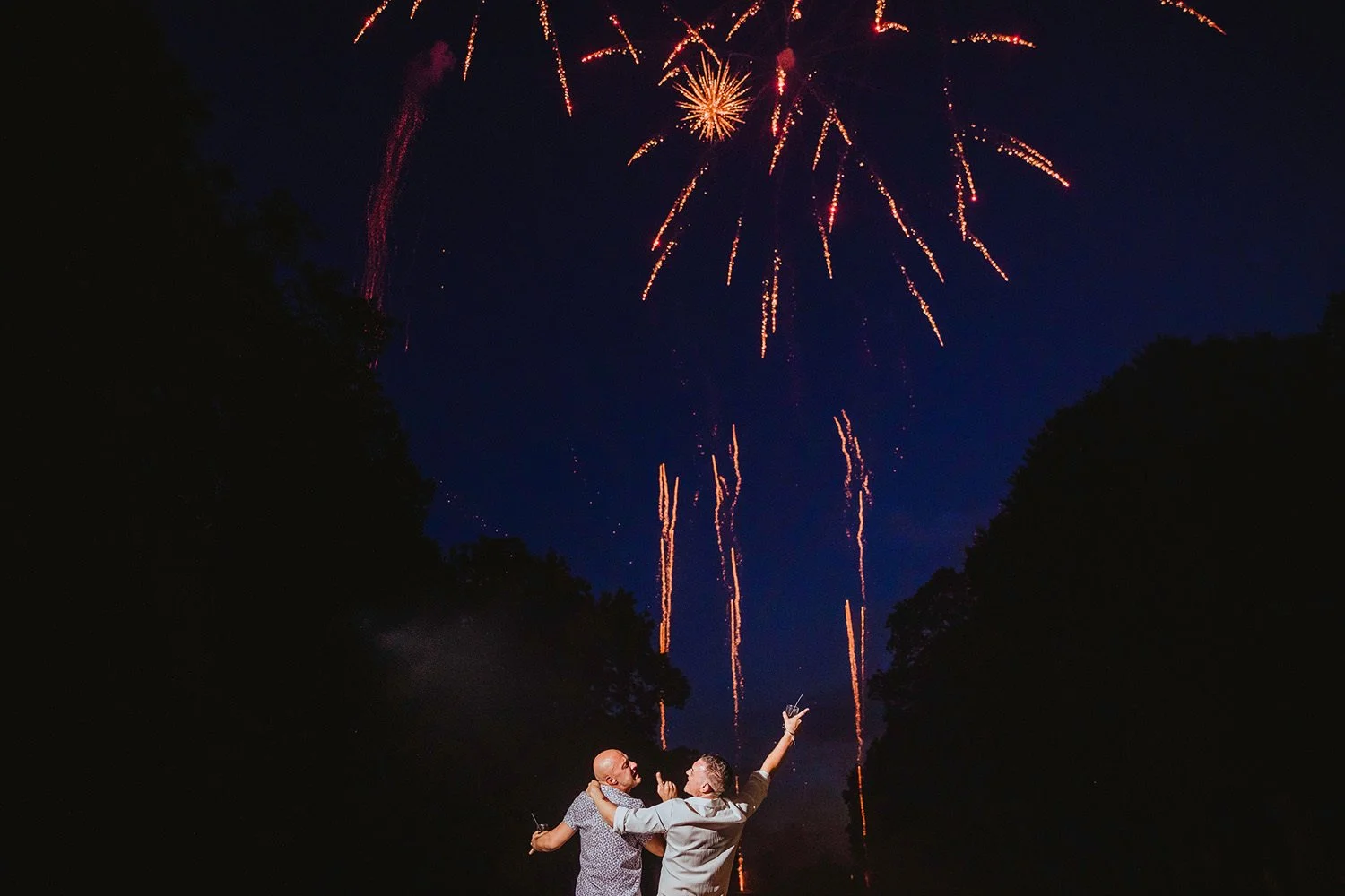 Two men celebrate under a night sky with colorful fireworks, one holding a drink and the other pointing at the fireworks, with dark trees on either side.