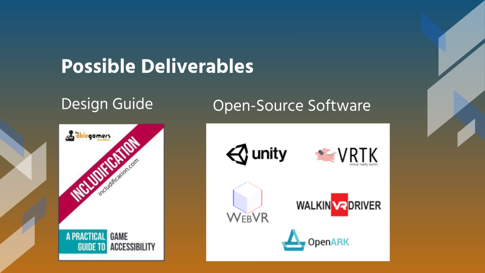 Slide showing possible deliverables, including design guide and open source software possibilities