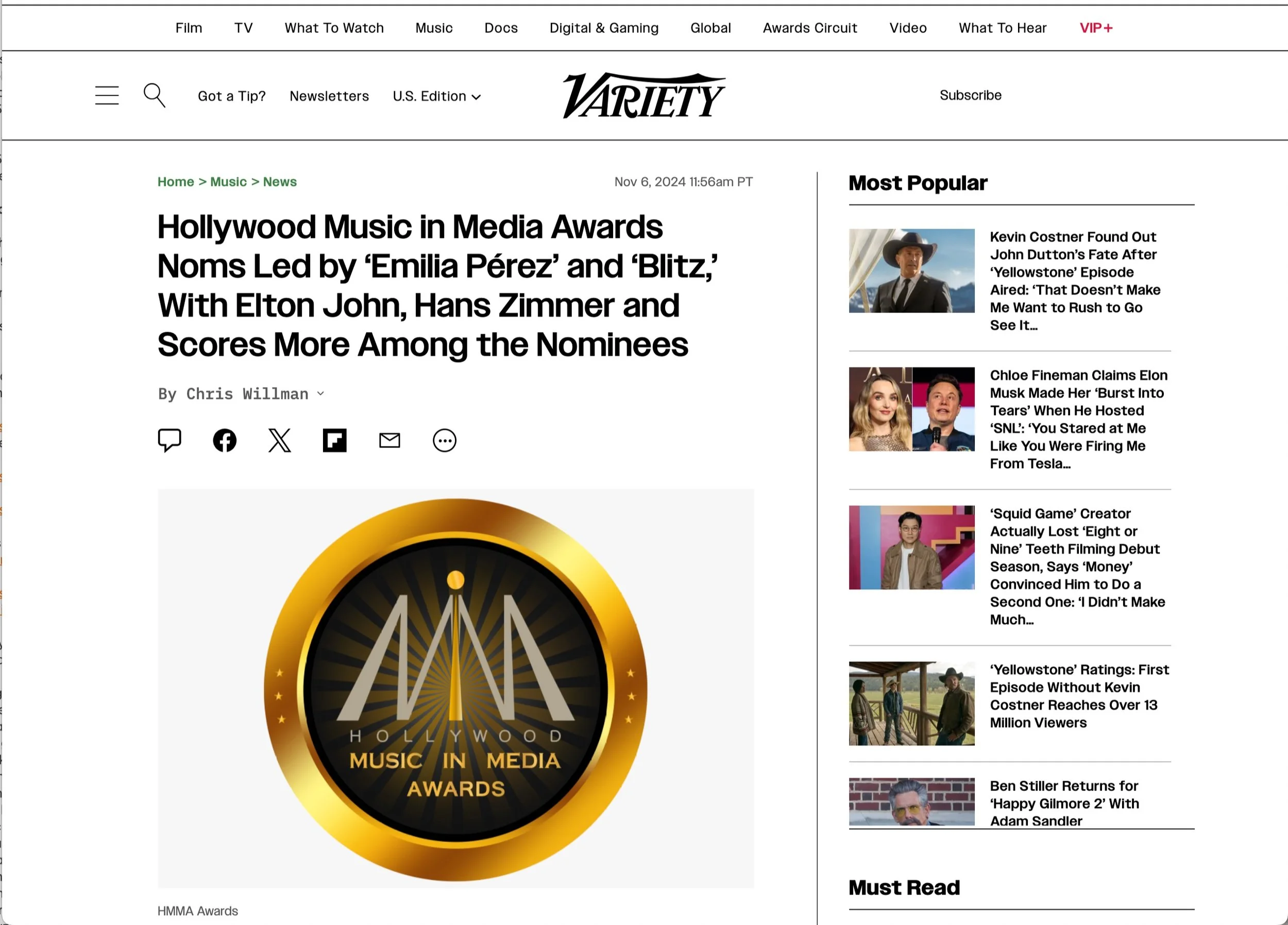 Variety: Hollywood Music in Media Awards Noms Led by 'Emilia Perez' and 'Blitz' with Elton John, Hans Zimmer and Scores More Among the Nominees