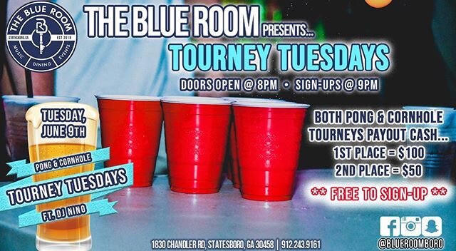 See y&rsquo;all tonight for our first Tourney Tuesday back! Enter our pong or cornhole tournies for your shot at $100 💵 Doors open at 8 and sign ups start at 9