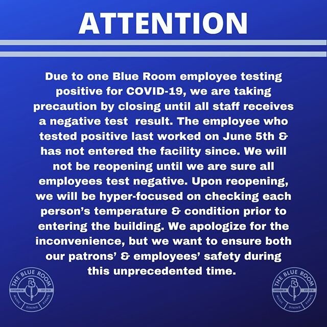 Before we opened post covid 19 we set guidelines the for &ldquo;what if&rdquo; situations and unfortunately, we now have to act on one of those precautions. 
We will be closed the rest of this week due to an employee testing positive for Covid-19. We