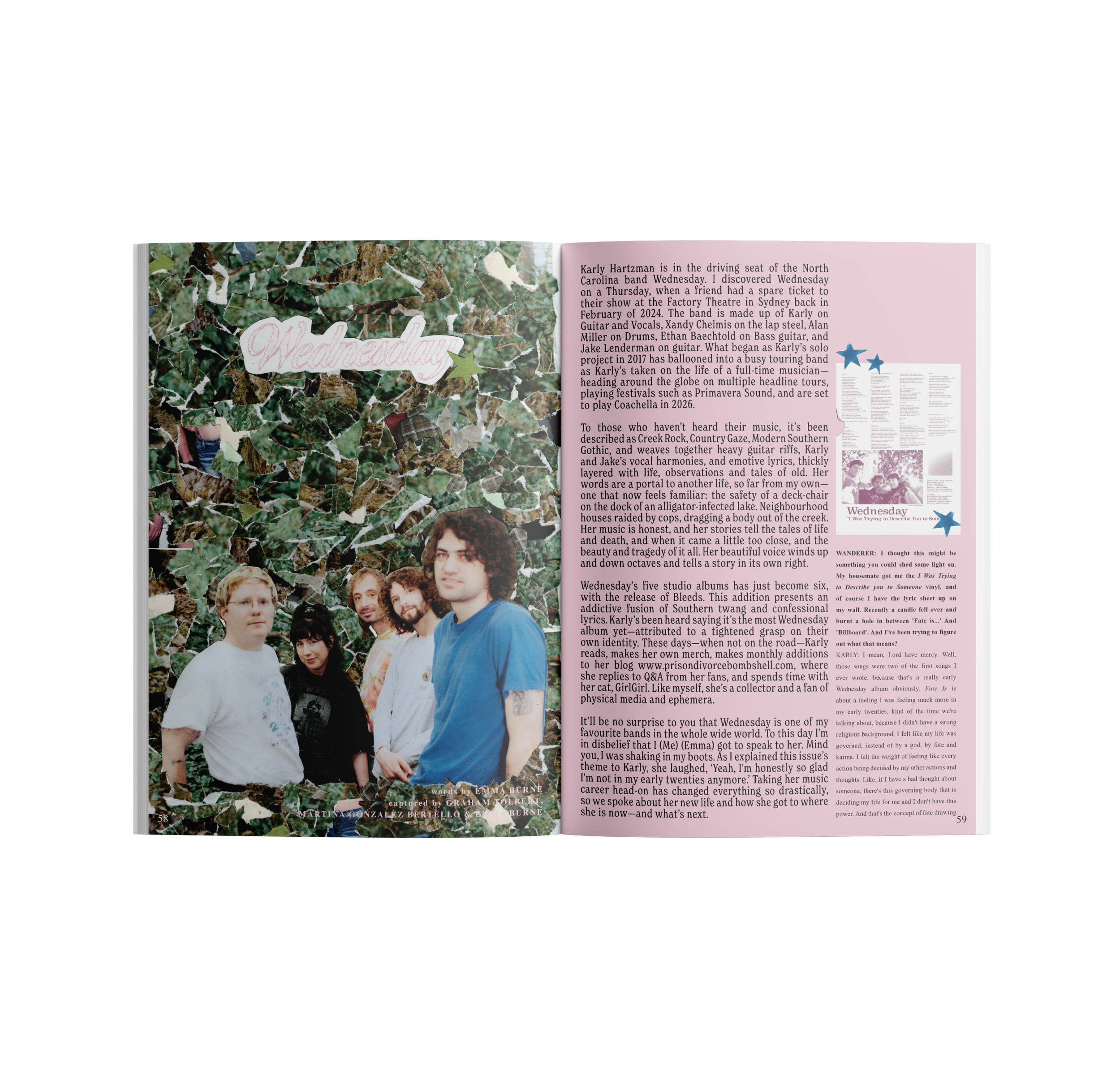 Magazine spread with a green leafy background, a handwritten pink 'Wednesday' sticker at the top, and a group photo of five people at the bottom left. The right page contains text about a person named Karly Hartzman, a small photo of her, and decorative blue stars.