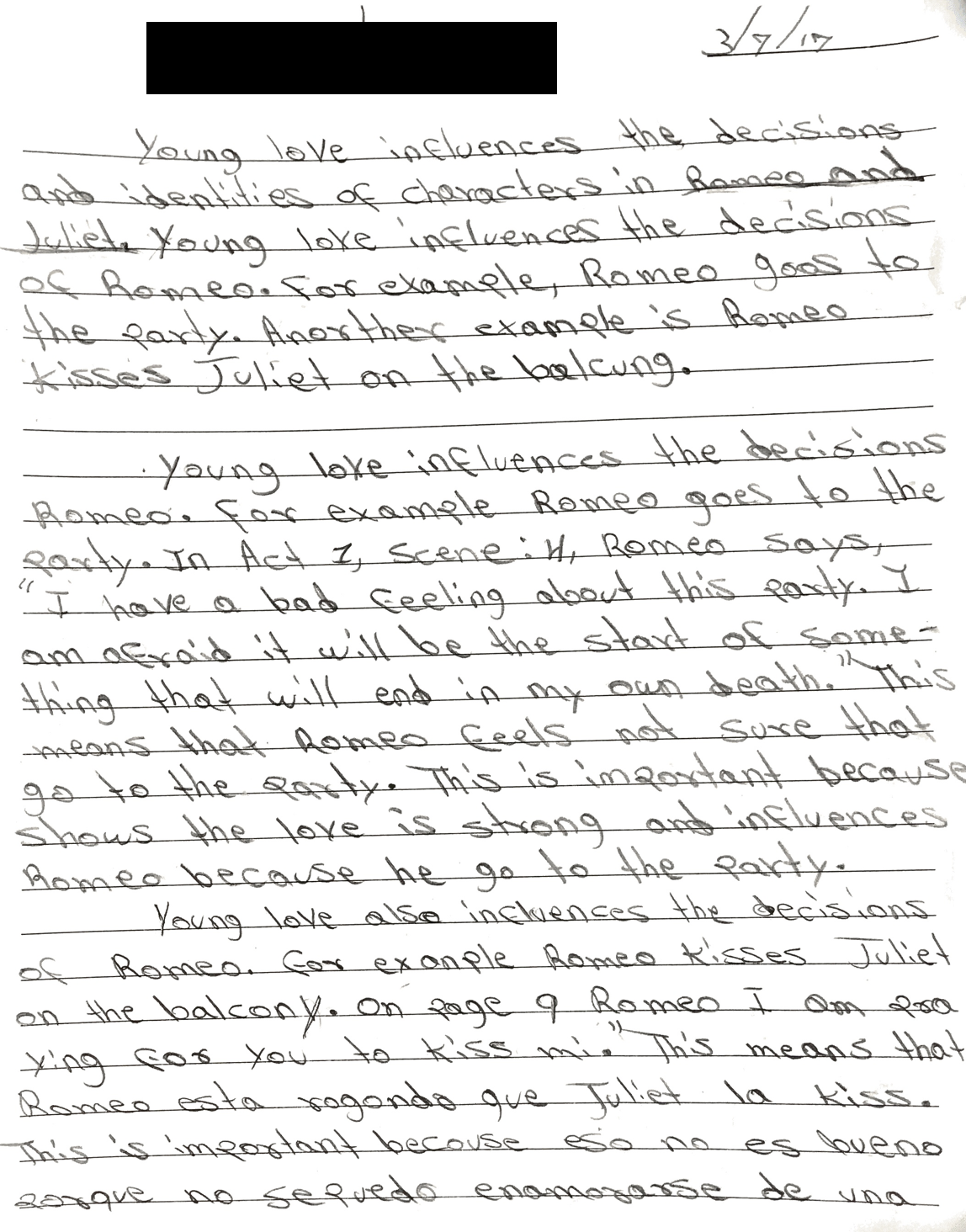 March 2017: The first page of Ángelo’s Romeo and Juliet essay for his English class