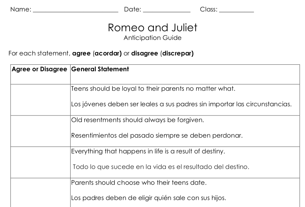 Anticipation Guide Version 1 in English and Spanish