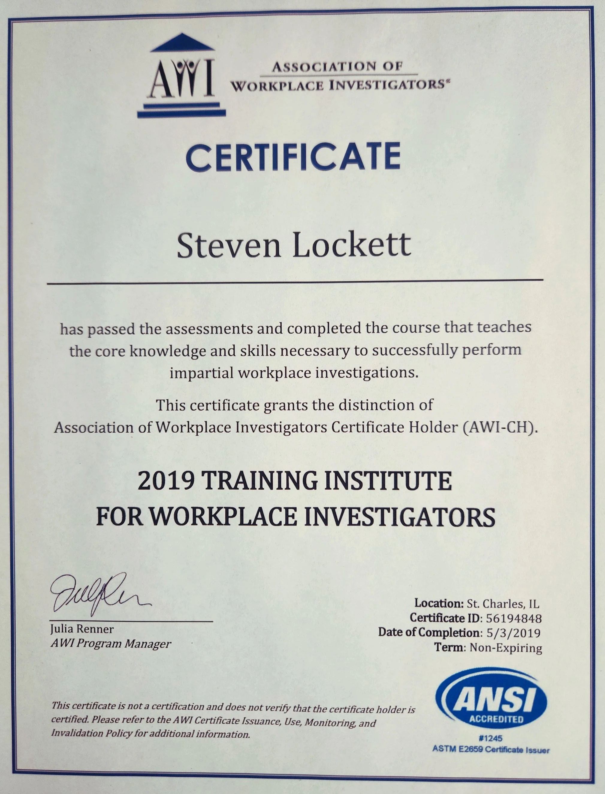 AWI-CH certificate awarded to Steven Lockett by the Association of Workplace Investigators, 2019