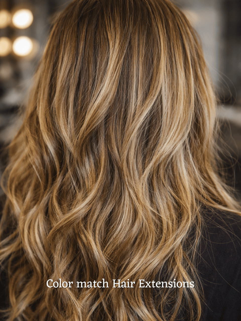 Professionally color-matched hair extensions blended seamlessly with natural dimensional highlights