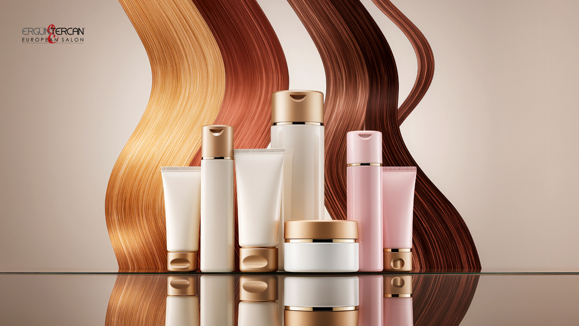 Hair extension aftercare kit with extension-safe shampoo, conditioner, oil, and tools from Ergun Tercan Salon.