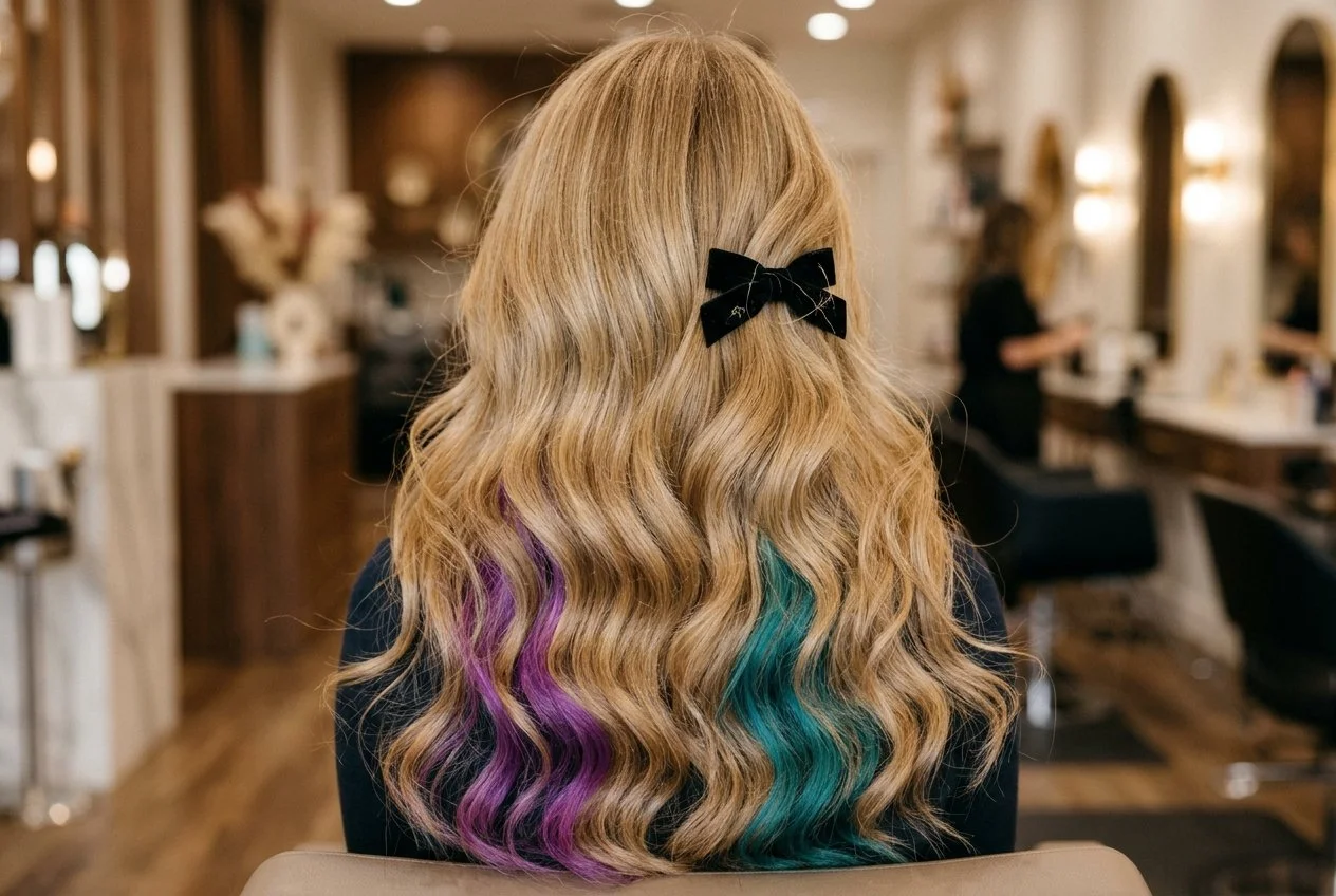 Purple and teal clip-in hair extensions on blonde hair for Halloween at a Denver salon