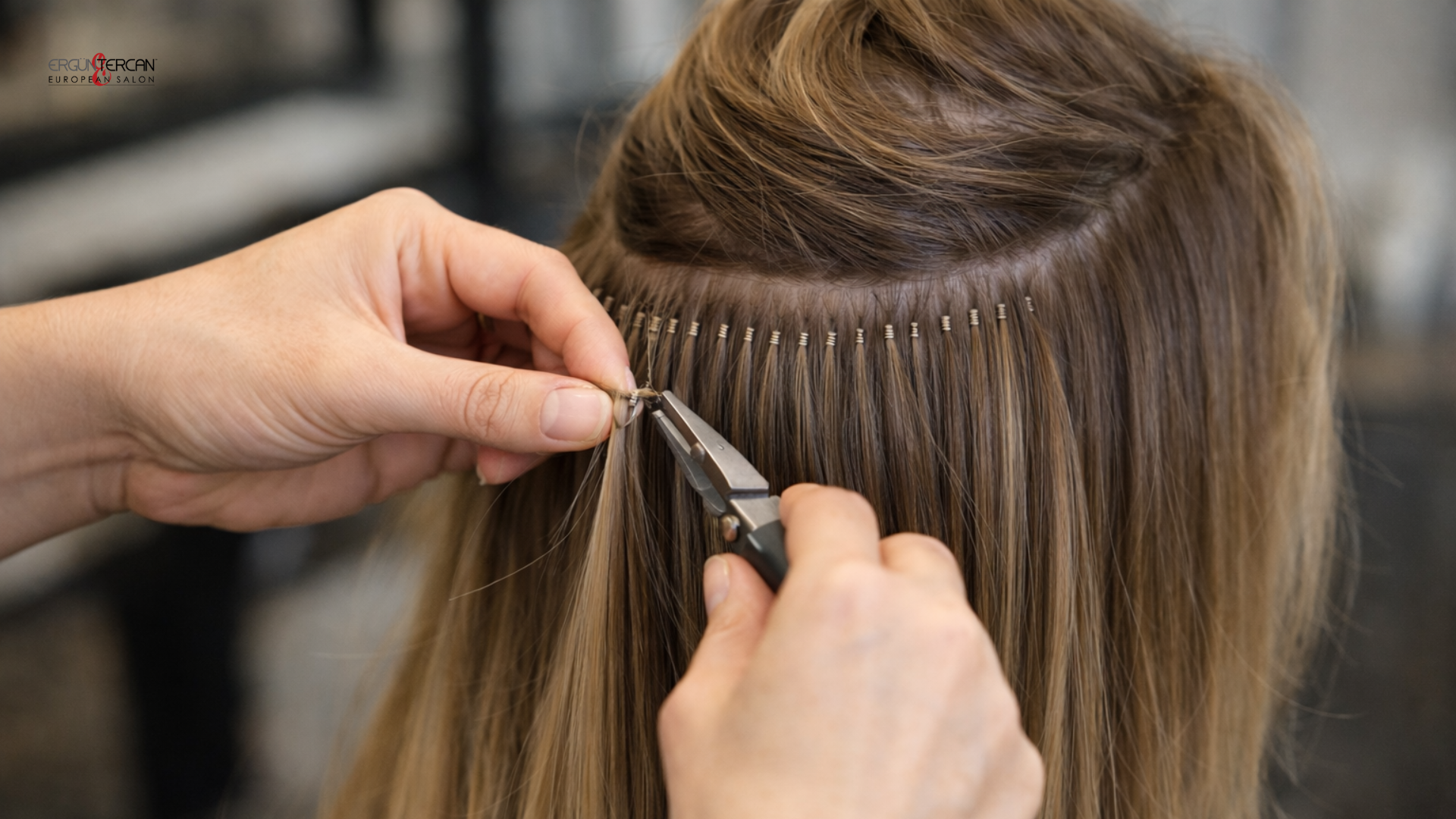 Nano ring hair extensions installed close to the scalp for natural looking, seamless results at a professional salon