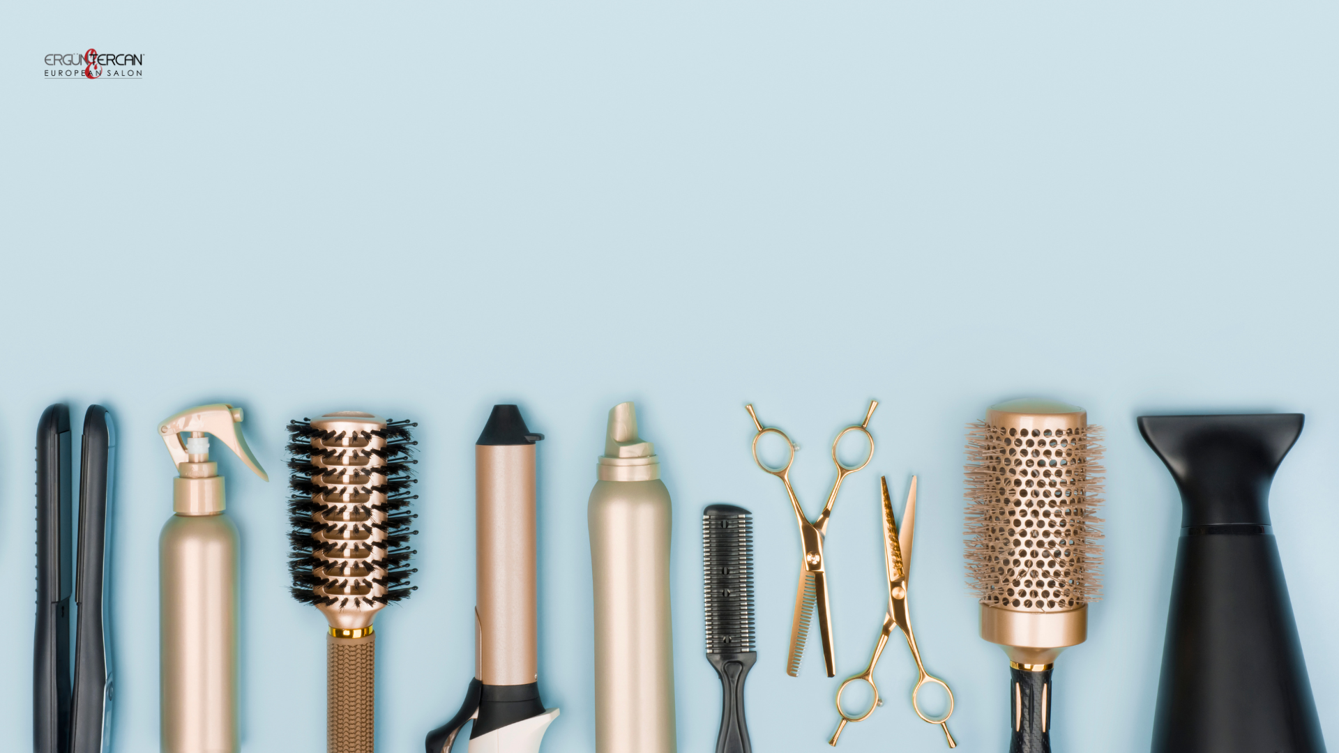 Professional salon-quality hair styling tools such as flat irons and blow dryers recommended by Ergun Tercan stylists.