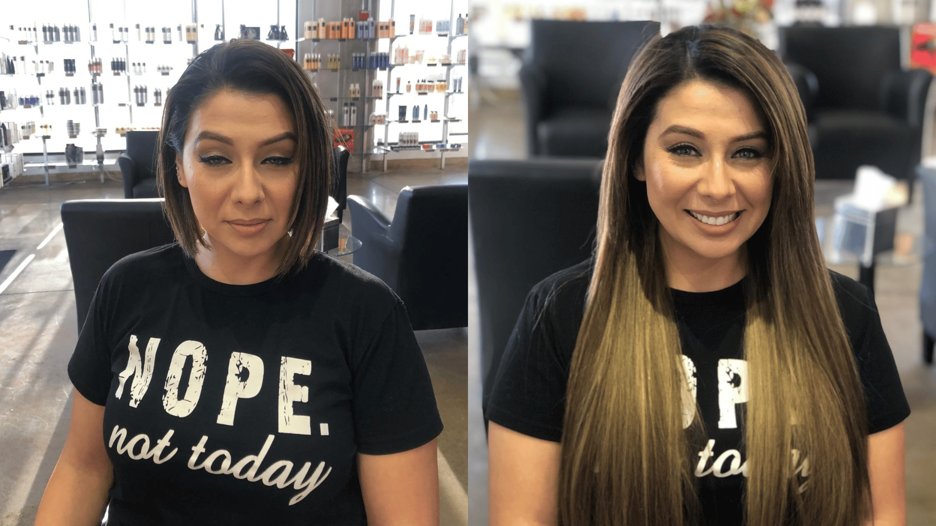 Before and after keratin bond hair extensions for natural length and fullness at Ergun Tercan European Salon in Denver