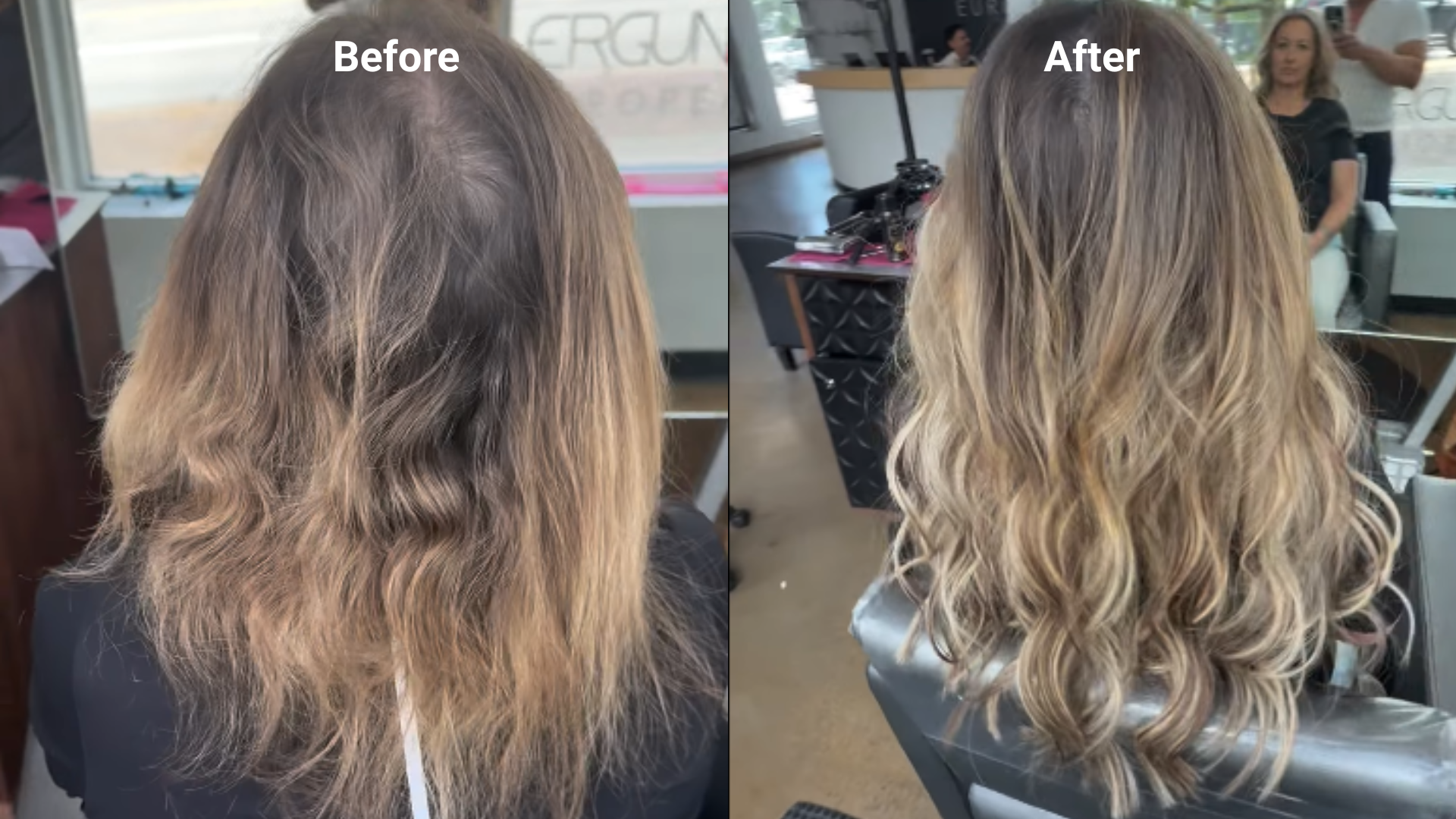 Before and after keratin bond hair extensions for natural length and fullness at Ergun Tercan European Salon in Denver