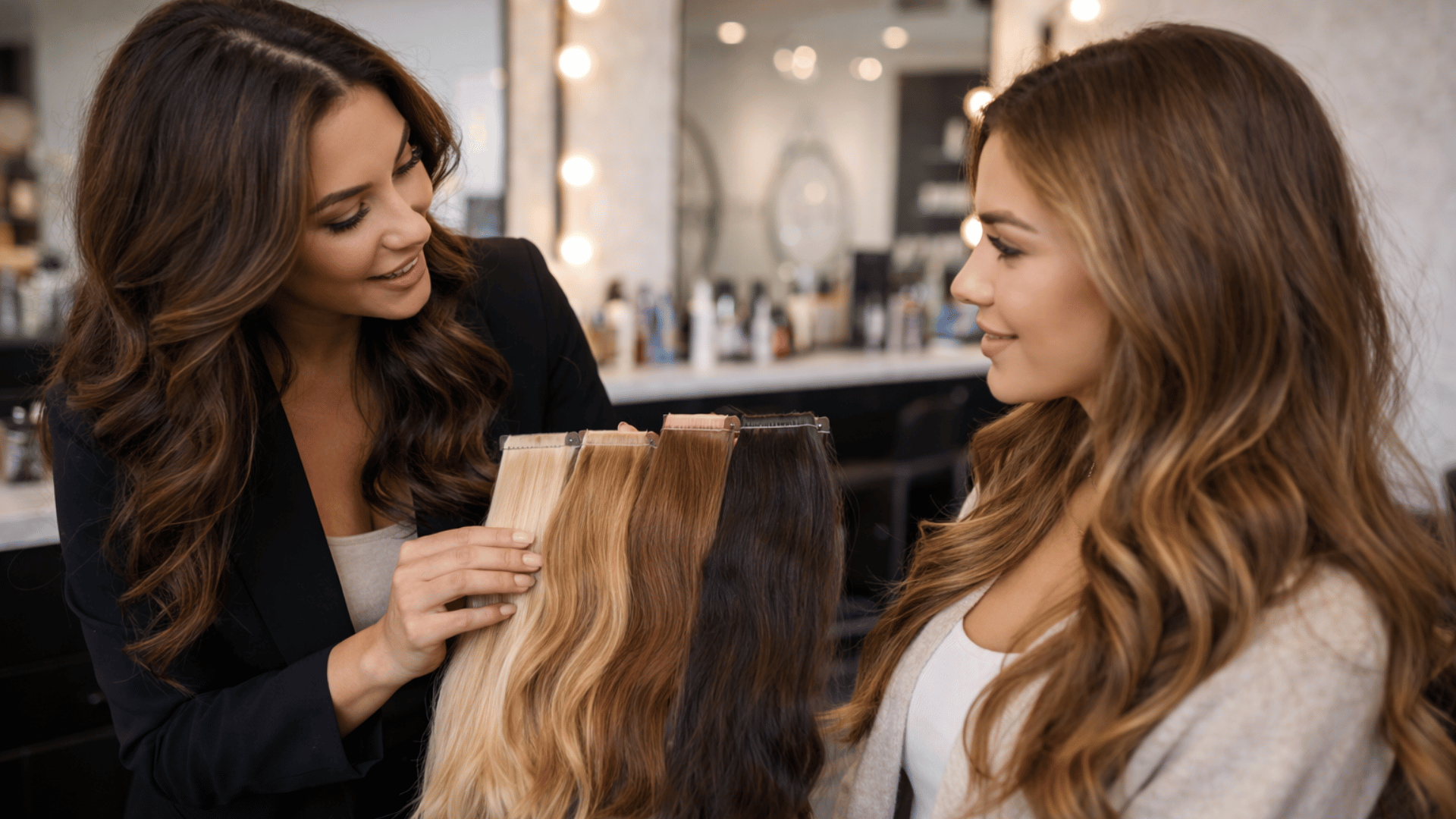 Professional hair extension consultation comparing texture, color, and quality for a customized result in Denver.