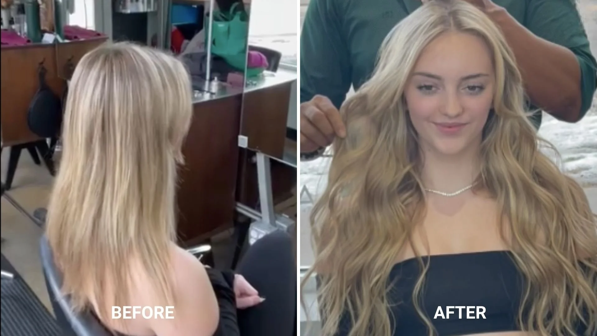 Before and after of halo hair extensions on thin hair client in Denver