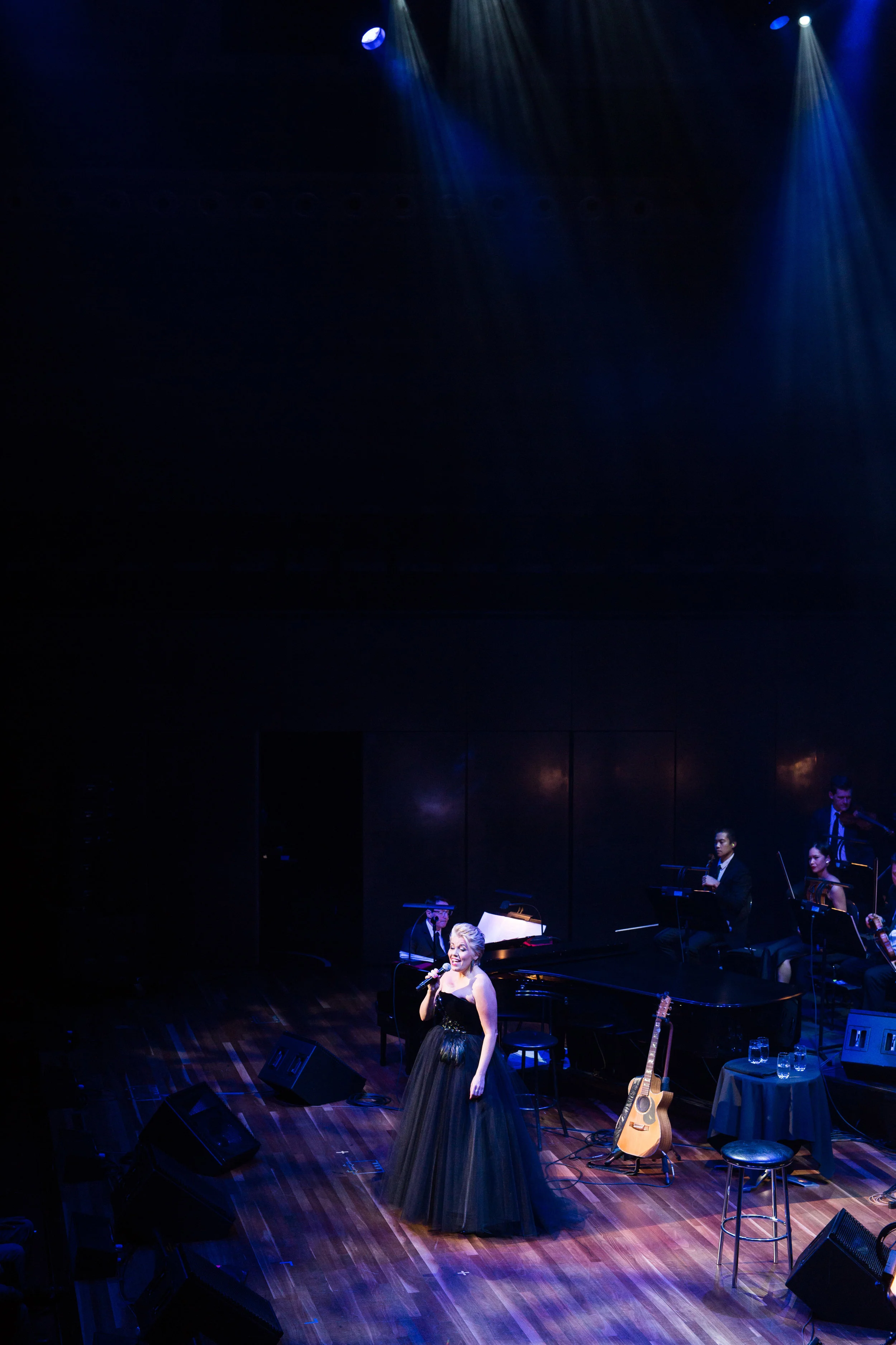Photo taken from a distance of Melinda Schneider Singing on stage