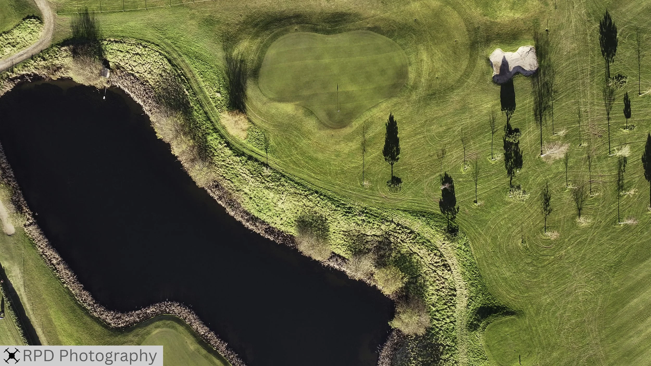 Aerial view of a golf course with a pond, putting green, sand trap, and trees.