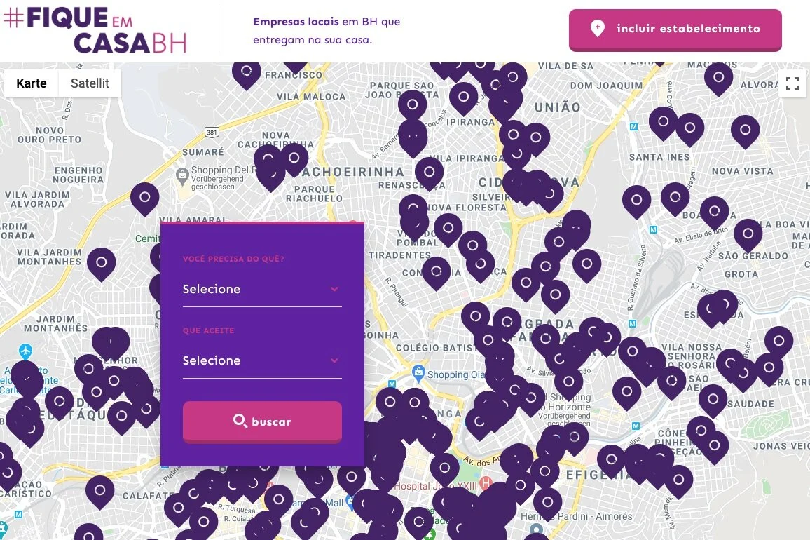 Brasilian website 'Fique em Casa' maps local businesses that offer delivery services in Belo Horizonte
