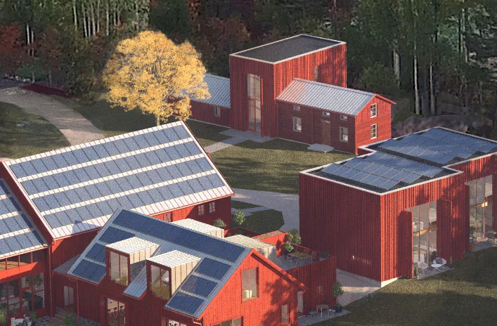 Solpaneler på taken. Målet är att bli självförsörjande på energi.