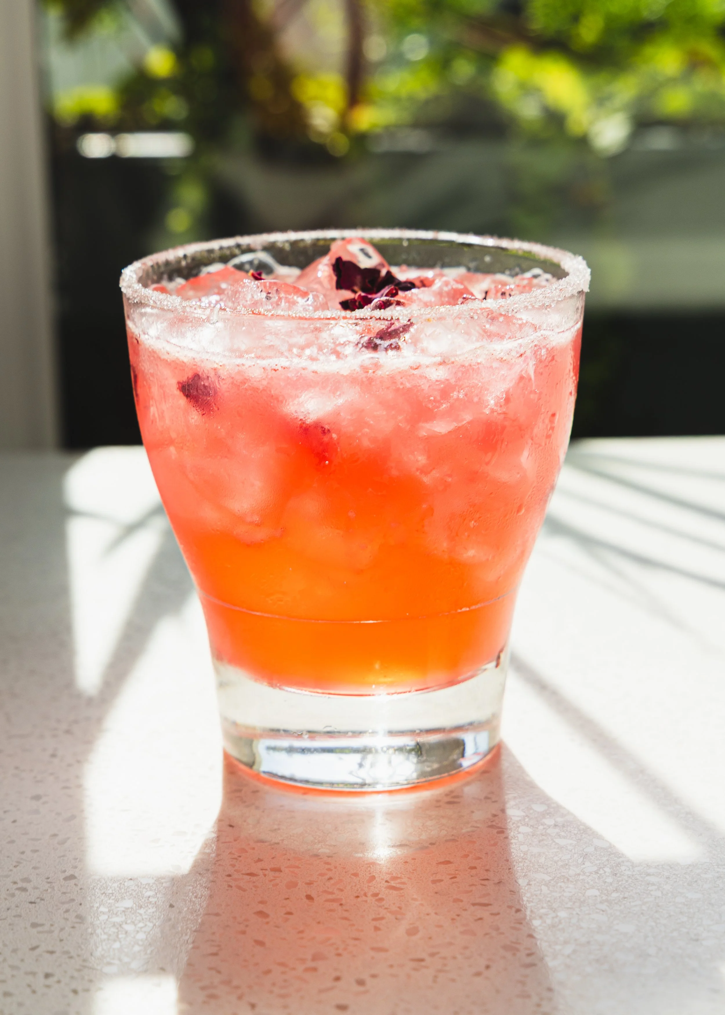 A close-up of a pink cocktail in a clear glass with a salted rim, ice cubes, and garnished with dark red flower petals. The drink is on a white speckled countertop with sunlight casting a shadow.
