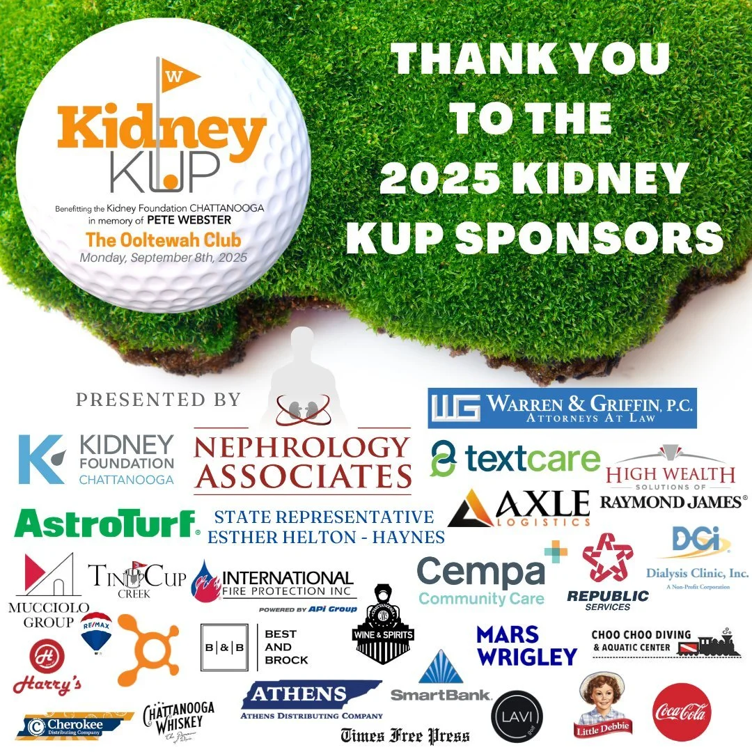 The 8th Annual Kidney Kup Golf Tournament, presented by Nephrology Associates, is just around the corner! We're so excited and are looking for another great year of golf all in support of local kidney patients. Thank you to our amazing sponsors for h