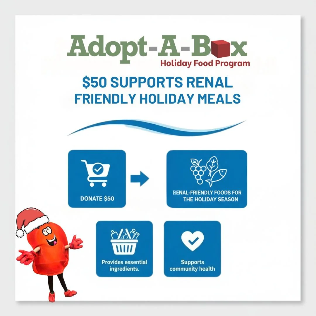Did you know?
Traditional holiday foods can be dangerous for kidney patients due to levels of high sodium and other key factors for a healthy renal diet and when your income is already limited, holiday meals become impossible.
Adopt-a-Box provides ac