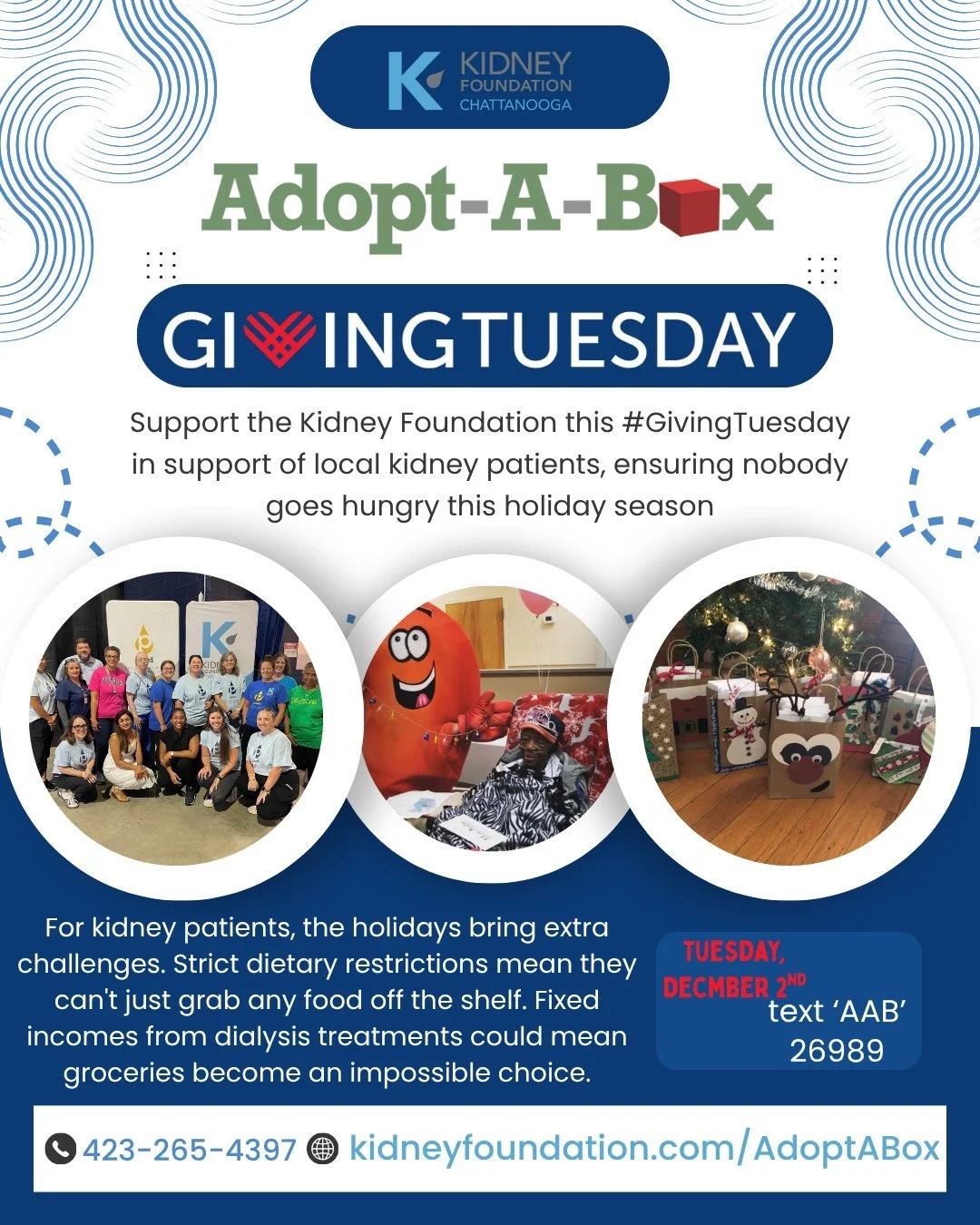 Keep your thankful spirit strong this Holiday Season with #GivingTuesday and The Kidney Foundation of the Greater Chattanooga Area! Nobody should have to choose between paying a utility bill or food on the table. Help us ensure no local kidney family
