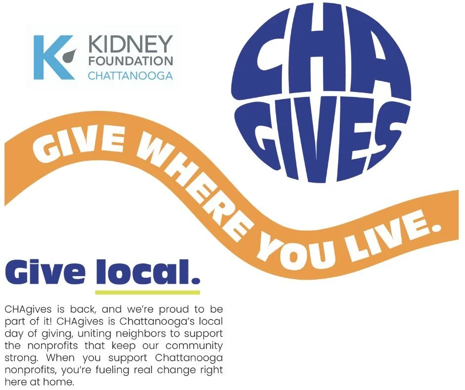 Less than one week until #CHAgives! We are proud to be part of this community-wide campaign that brings Chattanooga together to support local nonprofits. When you give to the Chattanooga Kidney Foundation, you help us support our local Kidney patient