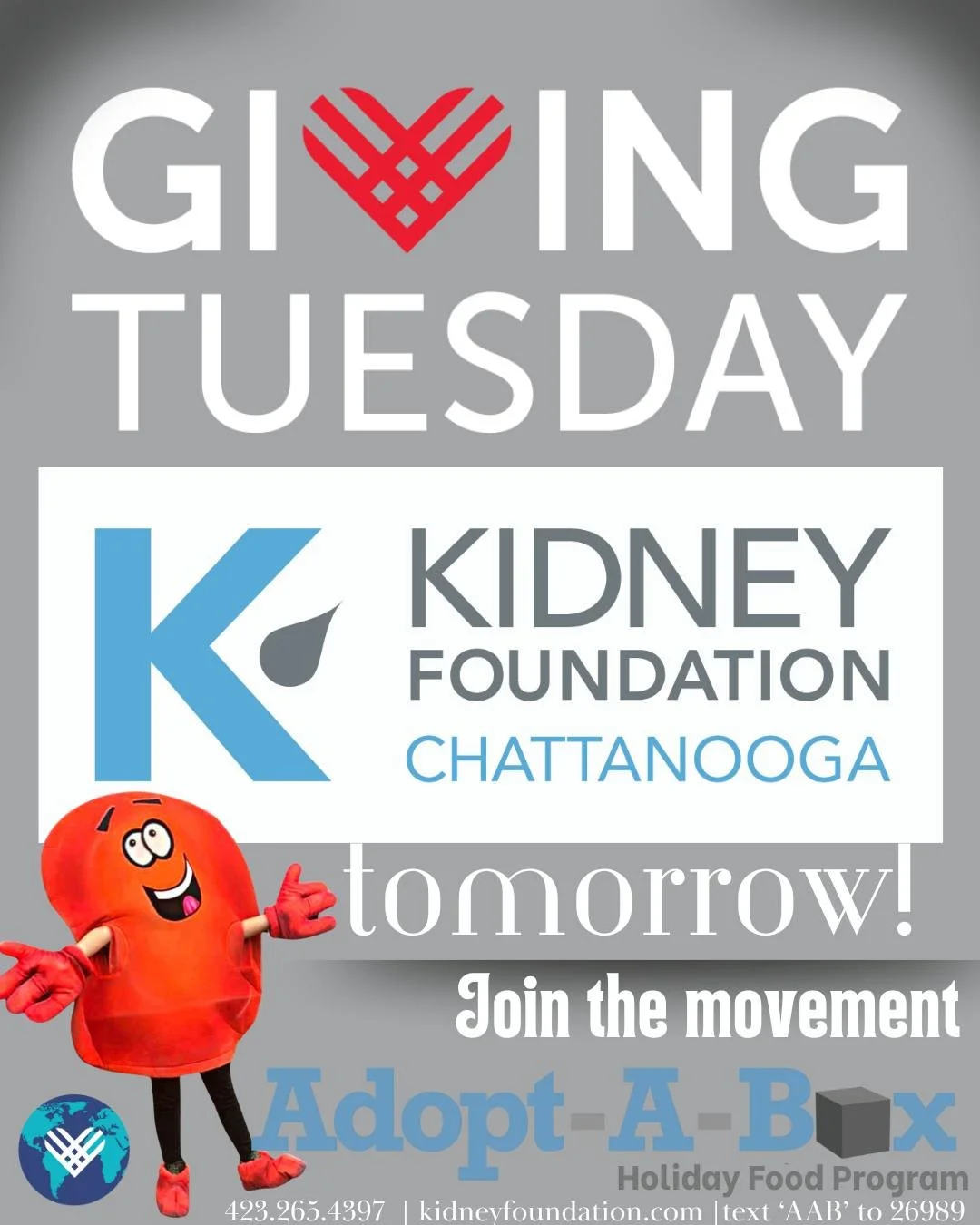 Join us TOMORROW for #GivingTuesday, a worldwide movement in....you guessed it! Giving Back. Jumpstart your giving heart this Holiday Season and consider the Kidney Foundation's Holiday Food Program, Adopt-A-Box! 

📦-Adopt-A-Box 📦 ensures no family